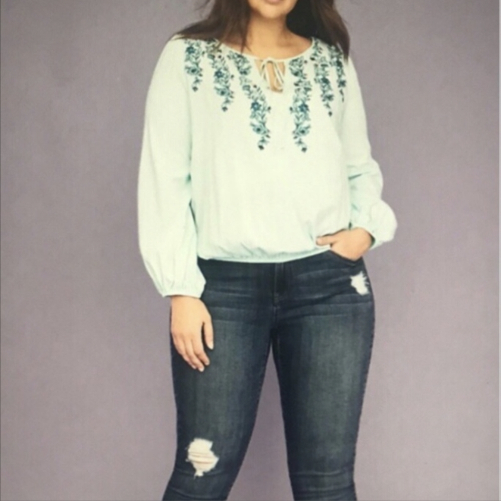 Lane Bryant Pink & Blue Blouse Embroidered Floral Tie Front Balloon Sleeve- 14 - Picture 2 of 14